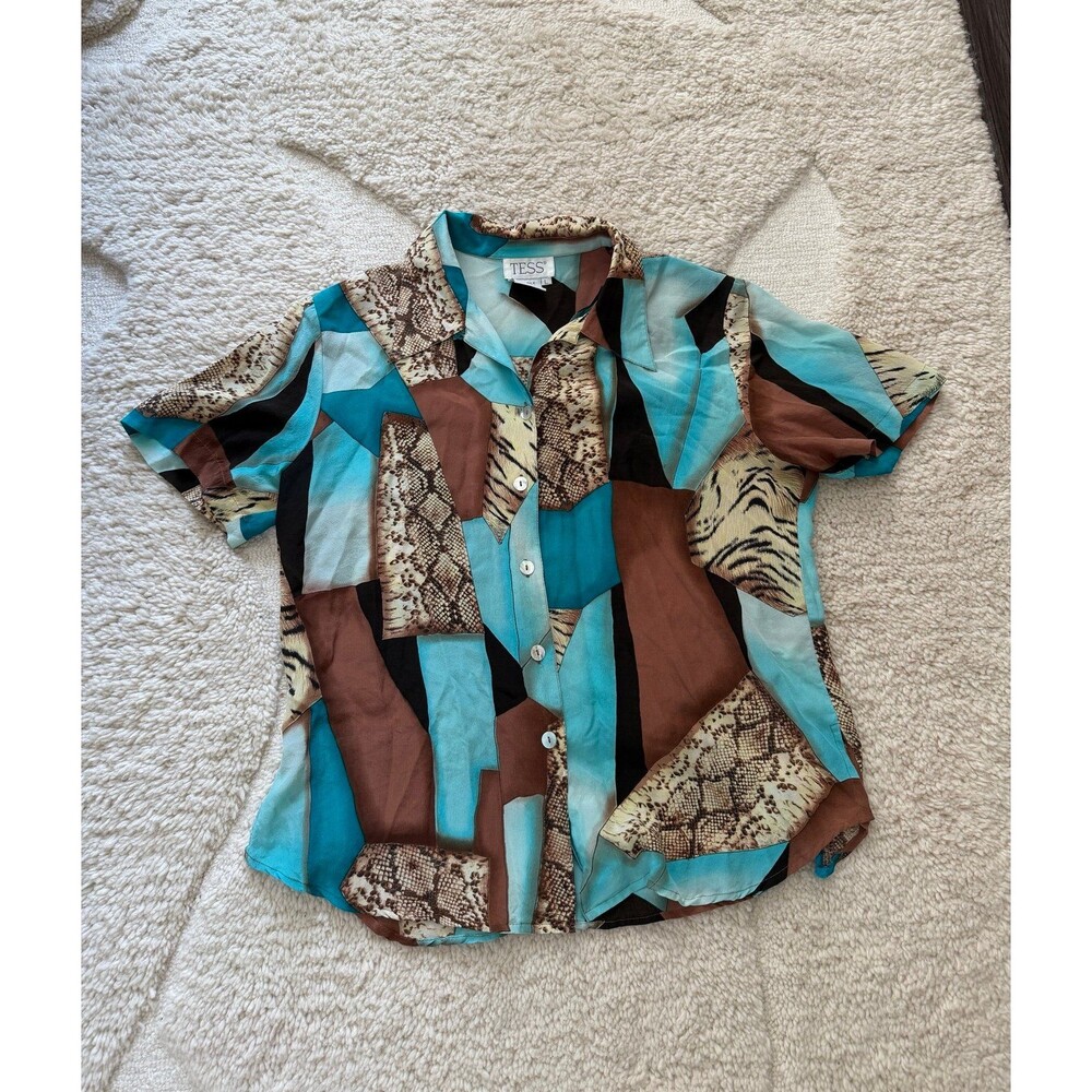 Vintage Tess 100% Silk Blouse Large Abstract Snakeskin Print 90s